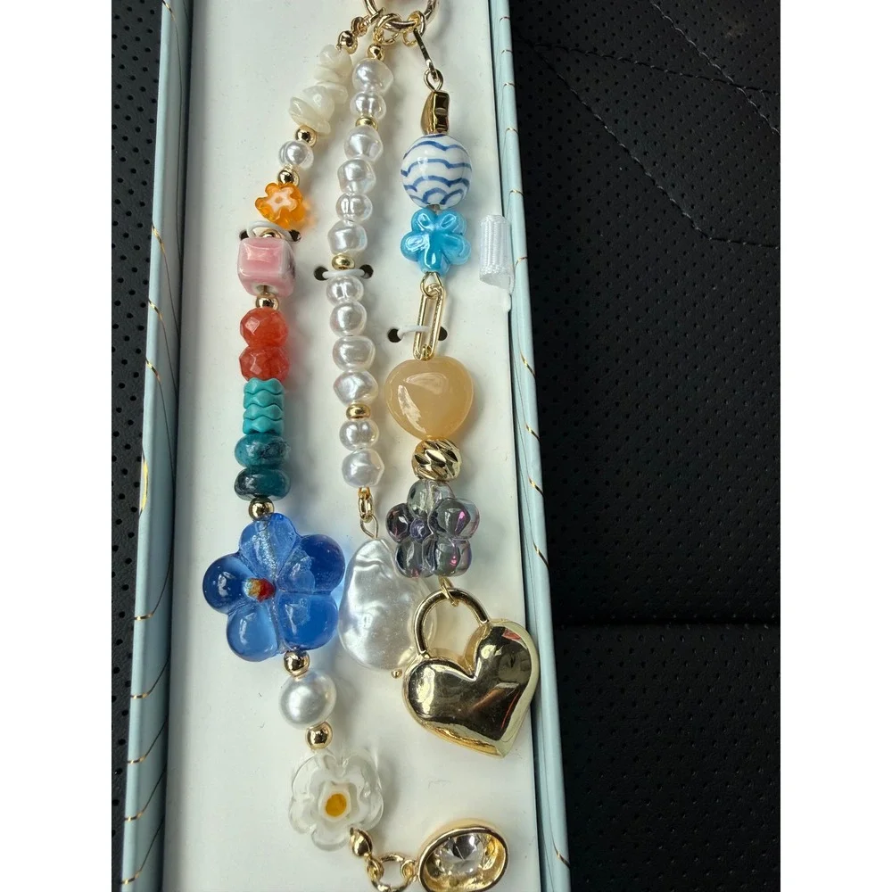 Eyecandy Los Angeles Beaded Bag Charm Keychain Gold Heart Flower Multi Color NEW